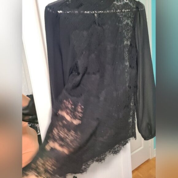 Forever 21 Black High Neck Lace Sheer See-Through Flounce Sleeve Blouse Shirt M - Picture 5 of 14